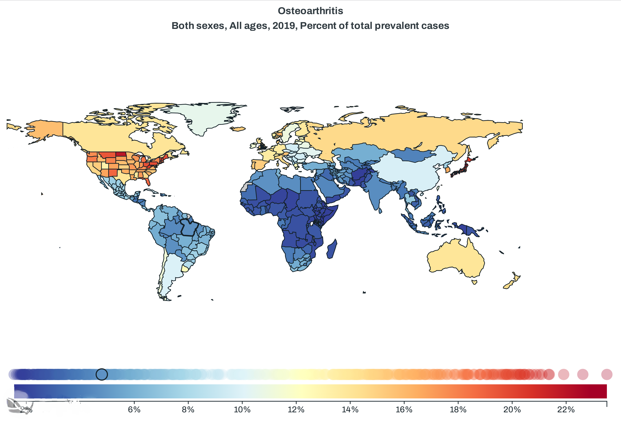 Prevalence of OA worldwide map